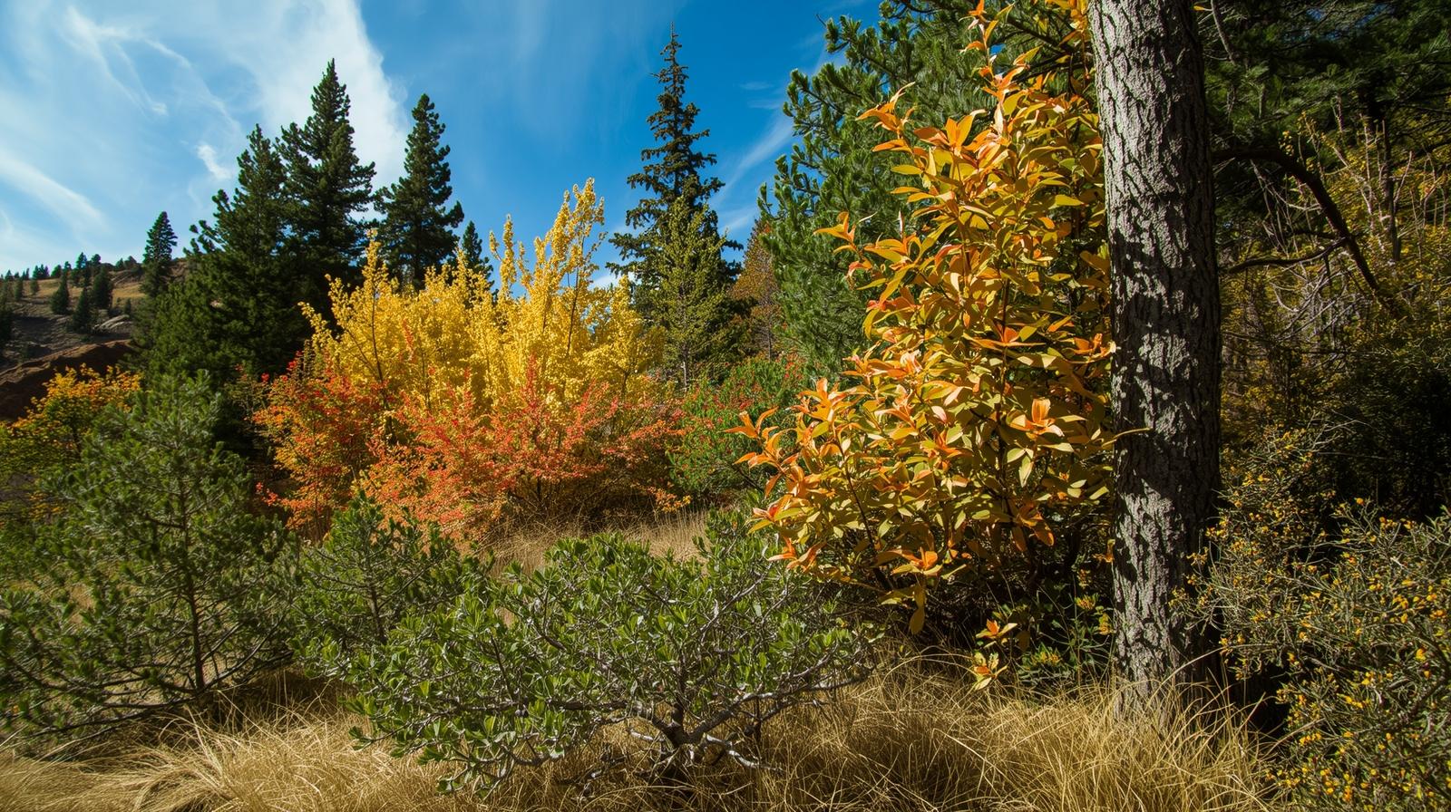 Colorado tree and shrub on an elevation lawn with afternoon sun exposure